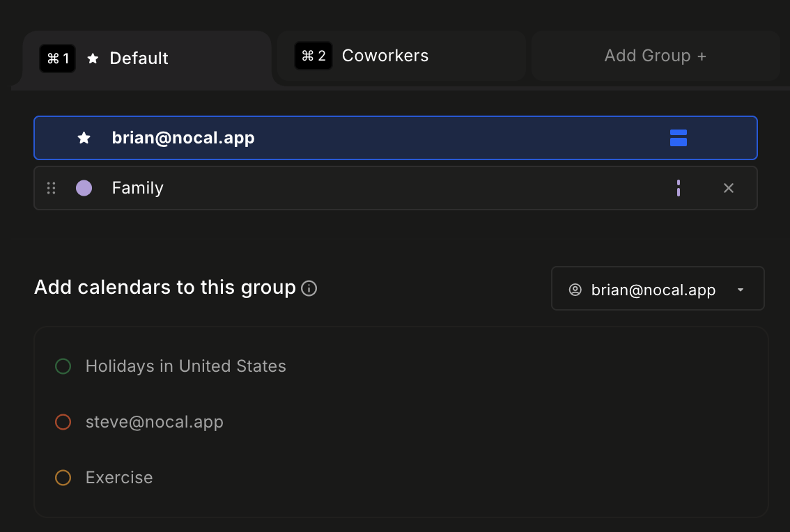 nocal calendar groups interface showing different groups with assigned hotkeys
