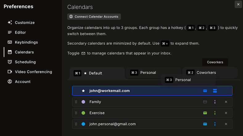 Organizing calendars into Work and Personal groups