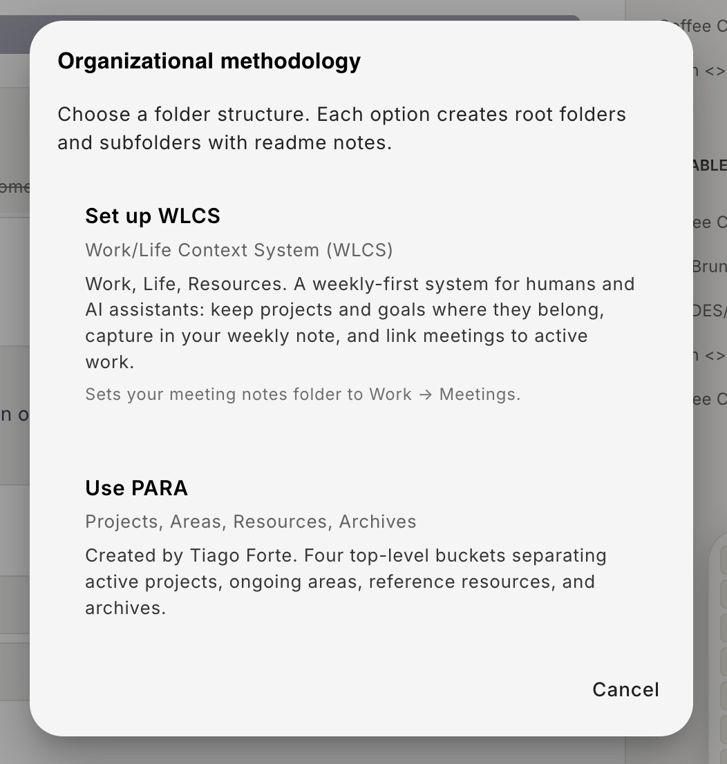 nocal note organization methods including WLCS and PARA
