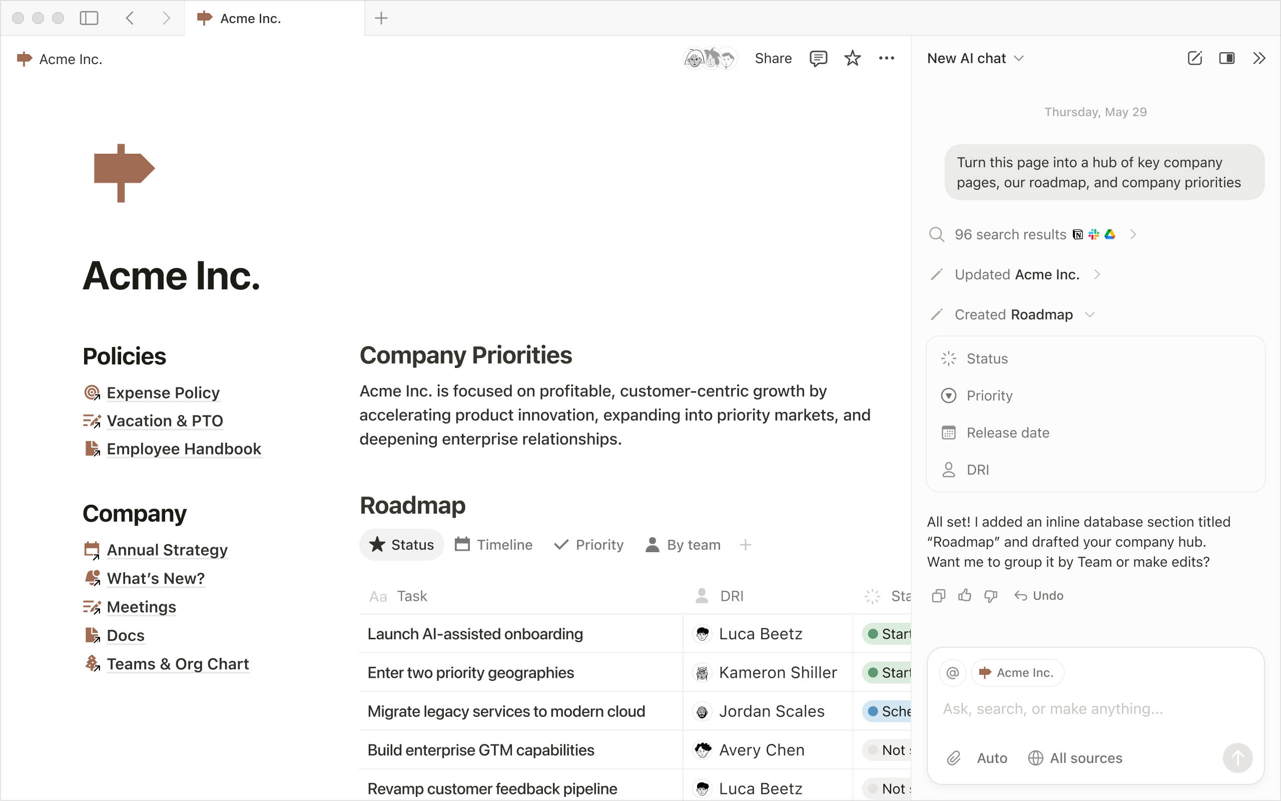 Notion workspace with databases and pages