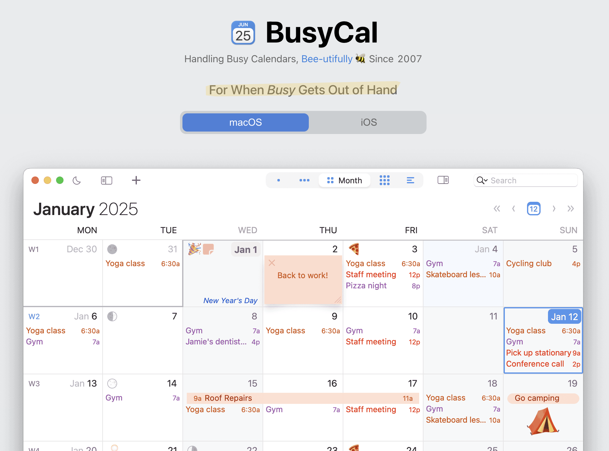 BusyCal showing a customized month view with weather and tasks