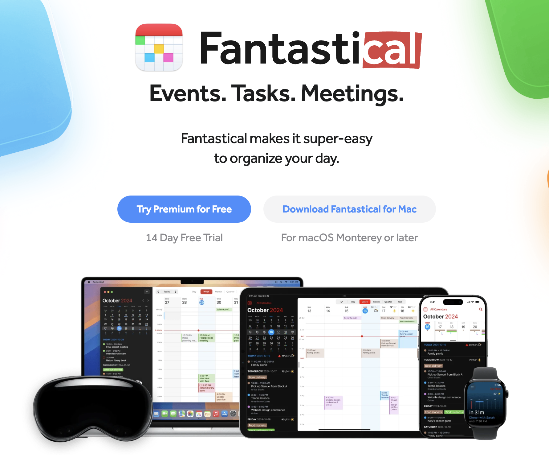 Fantastical calendar app interface showing month view with natural language input