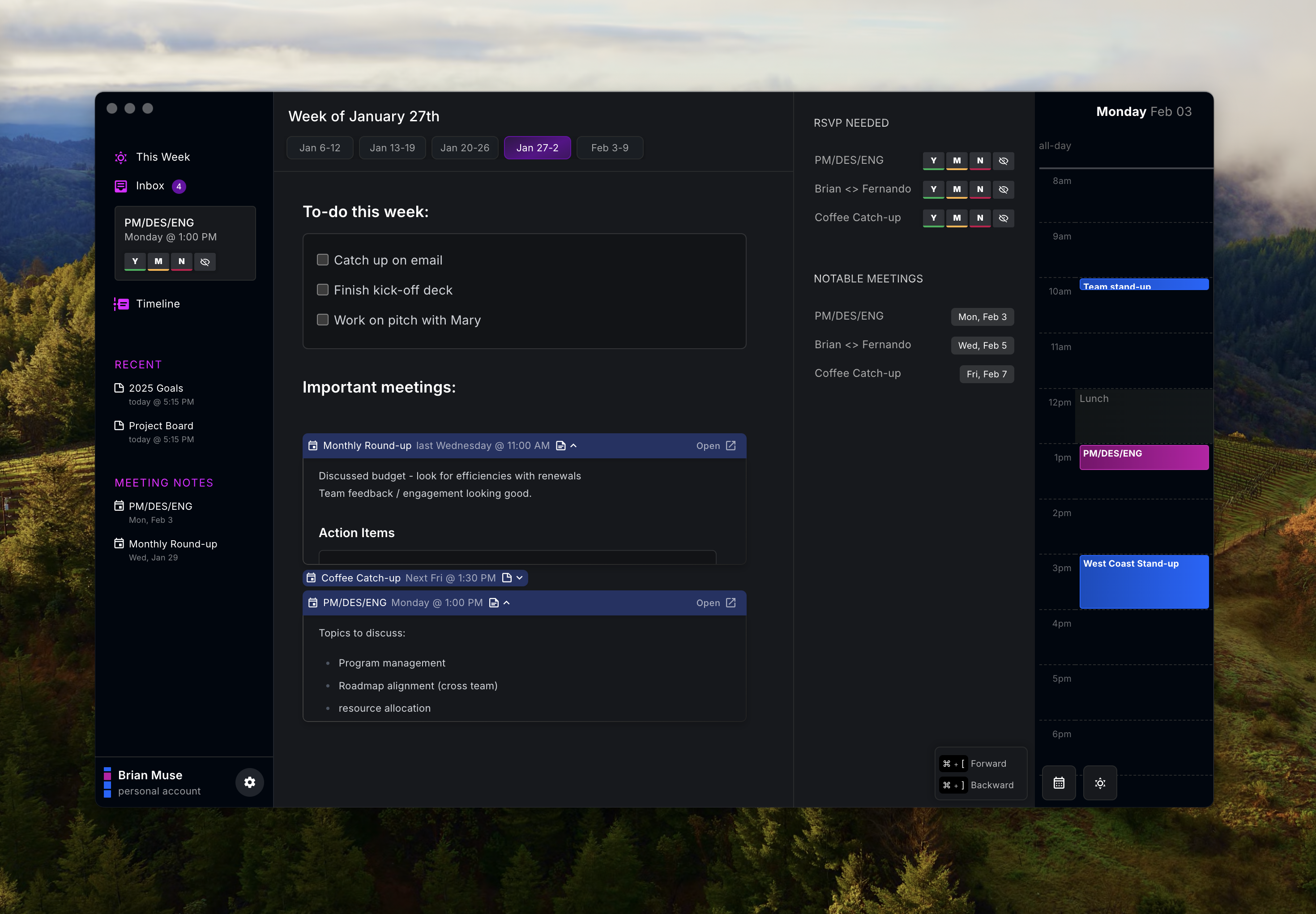 nocal's minimalist interface showing the current day view with integrated notes