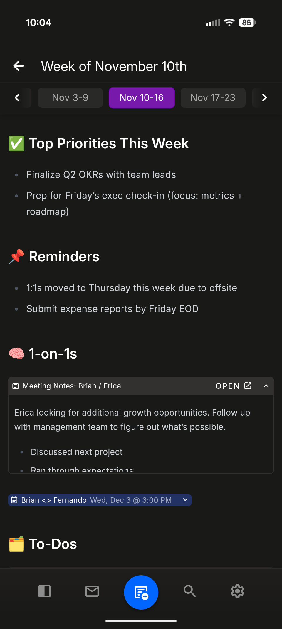 nocal mobile notes in dark mode