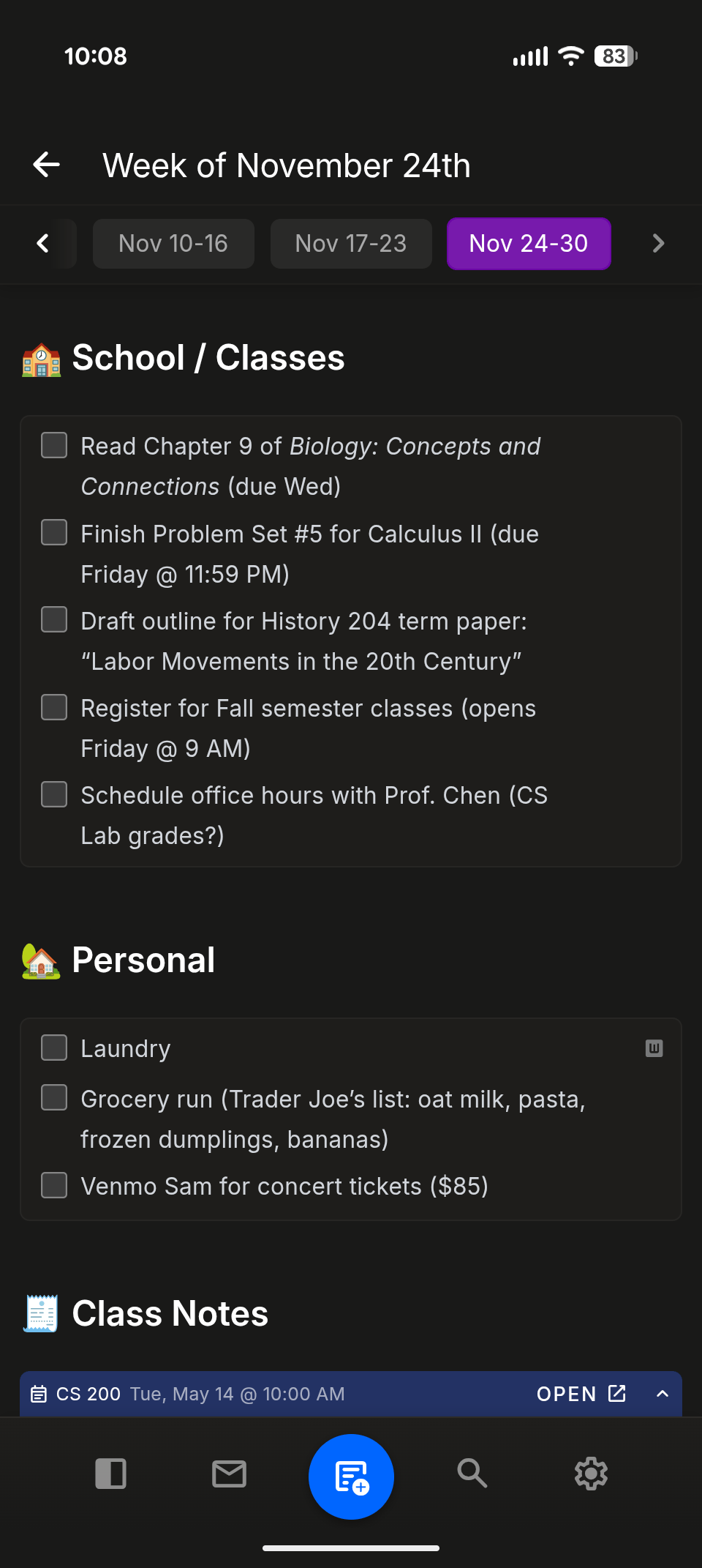 nocal mobile notes in dark mode