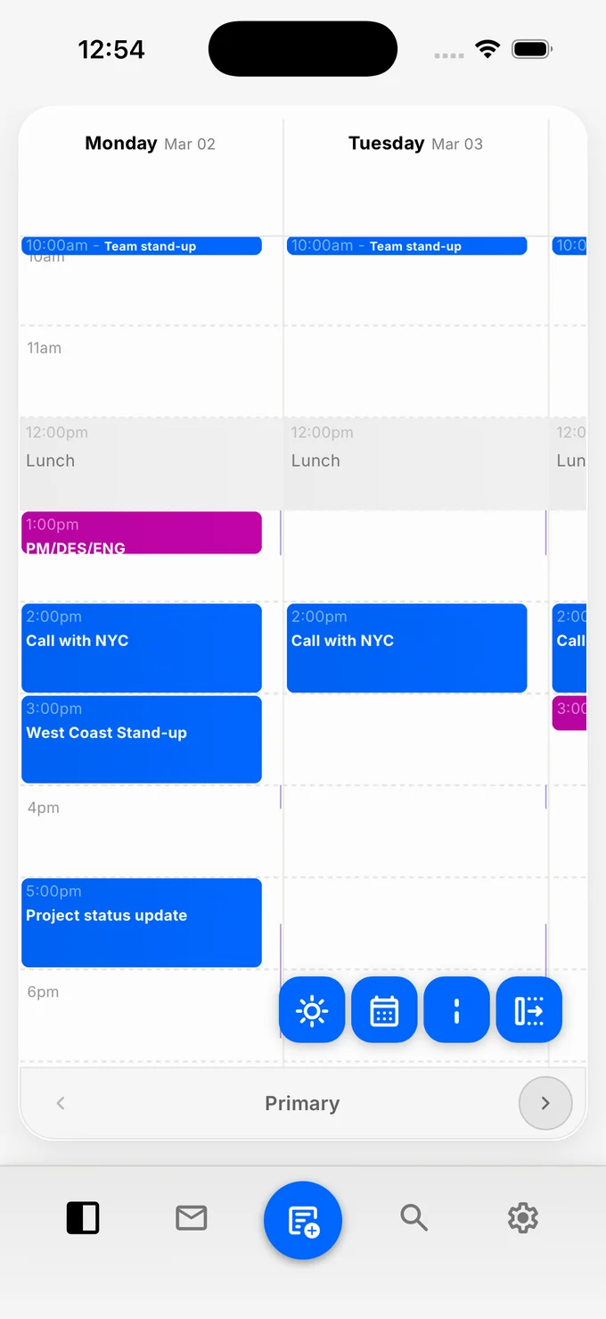 The nocal calendar on iPhone in light mode, showing two days of events drawn from multiple calendars