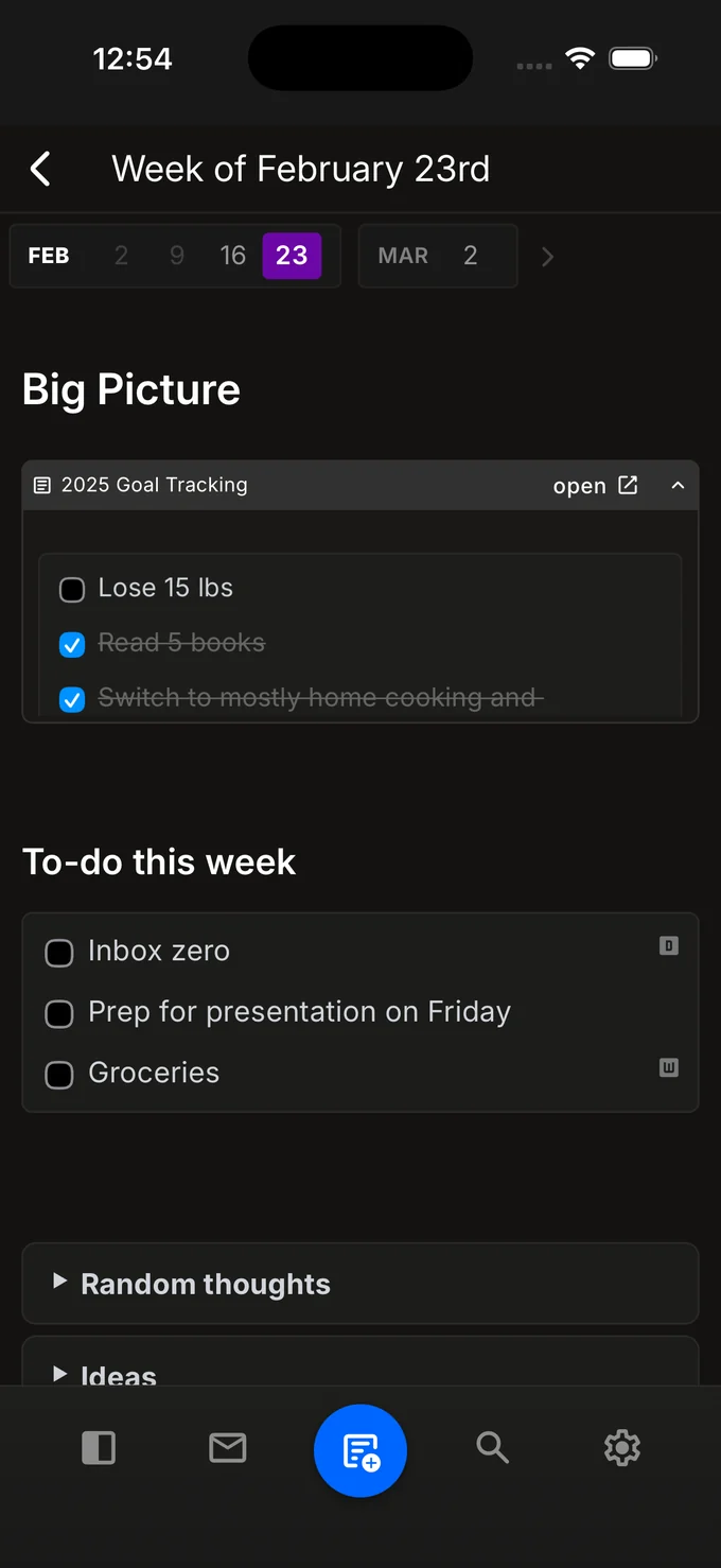 A nocal note on iPhone in dark mode, with a weekly plan, checklists, and collapsible sections