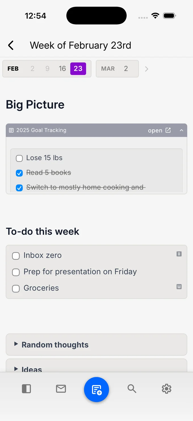 A nocal note open on iPhone, with a weekly plan, checklists, and collapsible sections