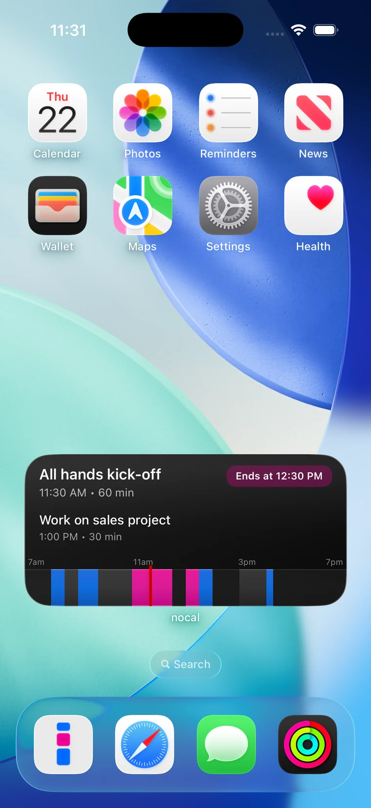 An iPhone home screen with the nocal agenda widget, listing the next events above a timeline of the day