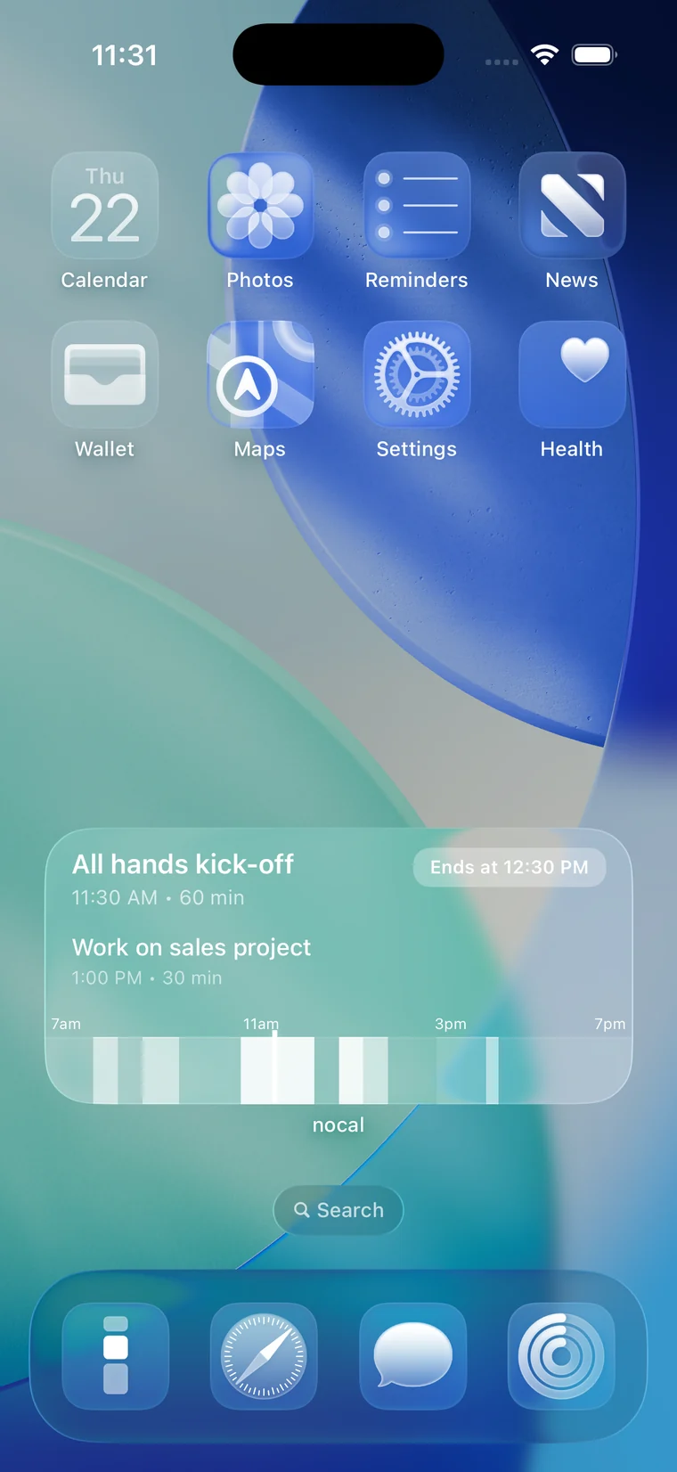 The nocal agenda widget on an iPhone home screen in liquid glass style, listing upcoming events above a timeline of the day