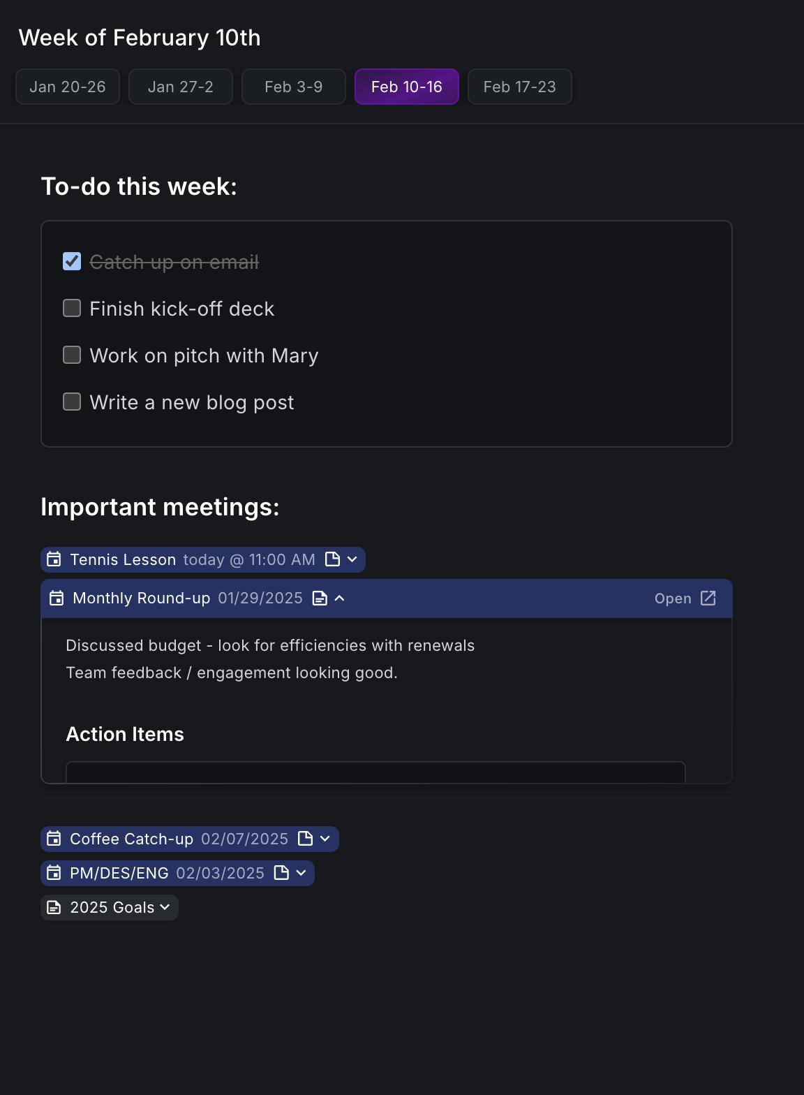 Weekly planning in nocal